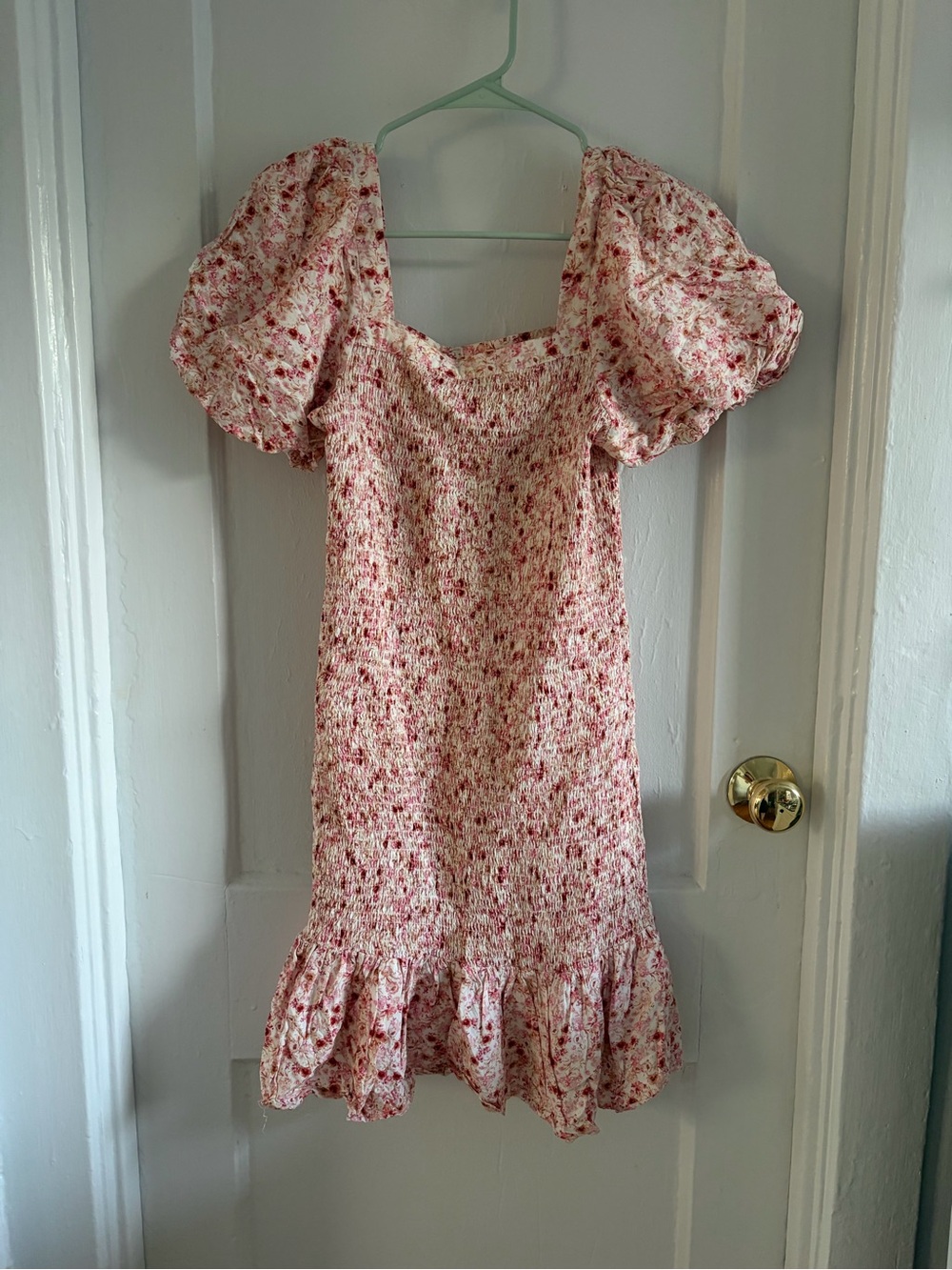 Smocked Puff Sleeve Floral Mini Dress - Pink & Cream